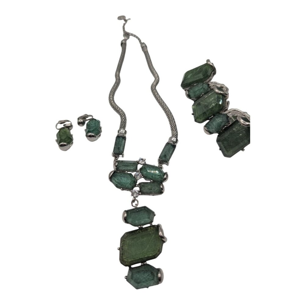 Silver Tone Green Statement Necklace, Bracelet & Earring Parure Set Erica Lyons